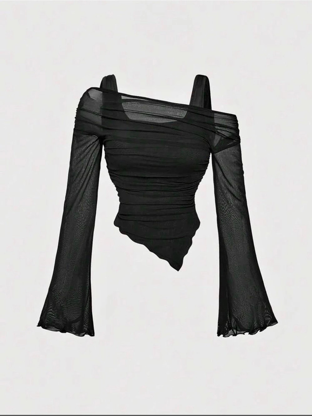 Shein black sheer mesh top asymmetrical cold-shoulder bell sleeves Size Small